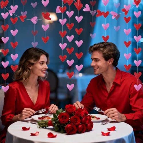 Image of Valentines Day Decorations Glitter Pink Red Heart Garland Banner, 2Pcs Heart Streamers Valentines Banner for Outdoor Indoor Home Galentines Day Anniversary Wedding Decor