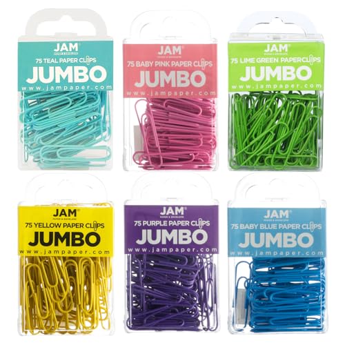 JAM PAPER Colorful Jumbo Paper Clips - Large 2 Inch Paperclips - Spring Assortment - 6 Packs of 75