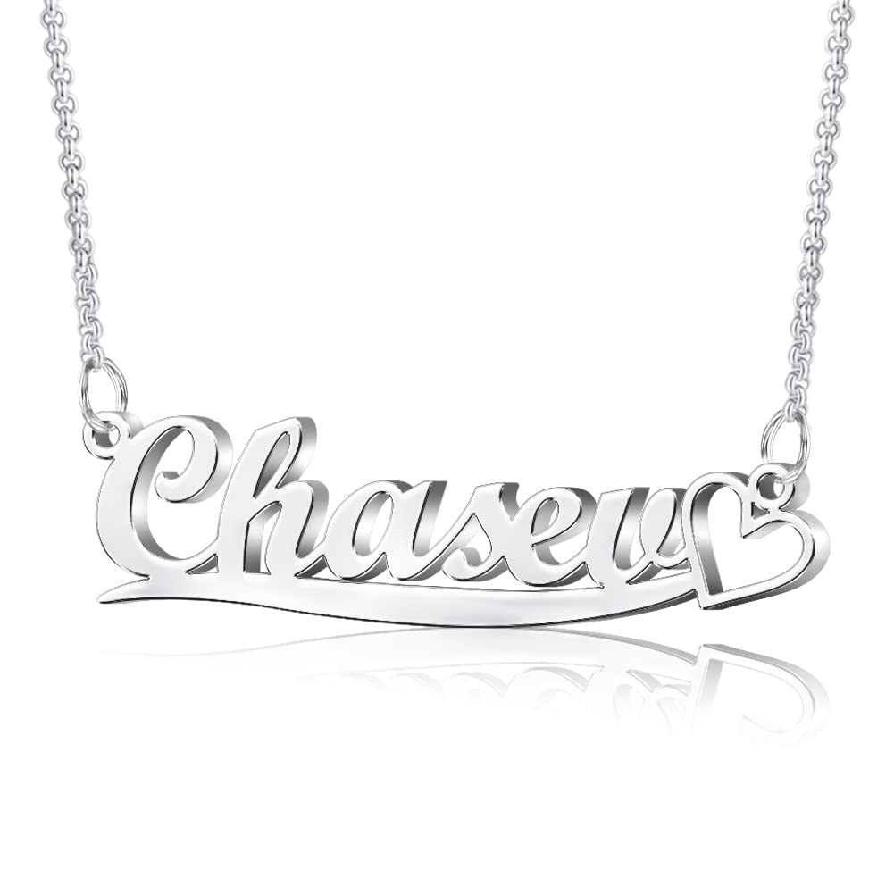 EVER2000Custom Name Necklace Personalized with Heart, 3mm Rolo Chain Necklace Customized Rose Gold/Gold/Black/Silver Nameplate Pendant Jewelry for Women Girl