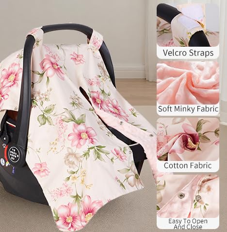 Insular Floral Car Seat Covers for Babies, Infant Minky Car Seat Canopy Cover for Boys Girls, Newborn Carseat Cover, Breasstfeeding Nursing Cover, Pink Flower - Image 4