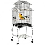 PawHut Jaula para Pájaros con Ruedas Jaula Grande con Soporte Pajarera con Bandeja Extraíble Puertas Comederos Perchas y Estante Inferior para Cacatúa NINFA Cotorra del Sol 50x49x137 cm Negro