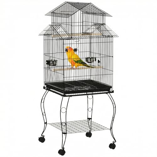 PawHut Jaula para Pájaros con Ruedas Jaula Grande con Soporte Pajarera con Bandeja Extraíble Puertas Comederos Perchas y Estante Inferior para Cacatúa NINFA Cotorra del Sol 50x49x137 cm Negro