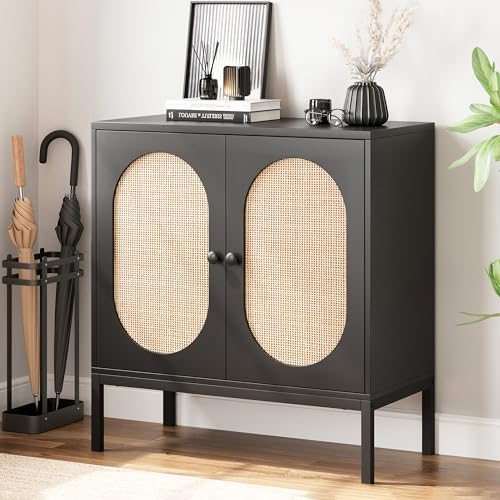 IDEALHOUSEBuffet Cabinet Rattan Storage Cabinet with Doors and Shelves, Accent Cabinet Sideboard, Wood Console Cabinet with Storage Entryway Cabinet for Living Room, Dining Room, Hallway (Black)
