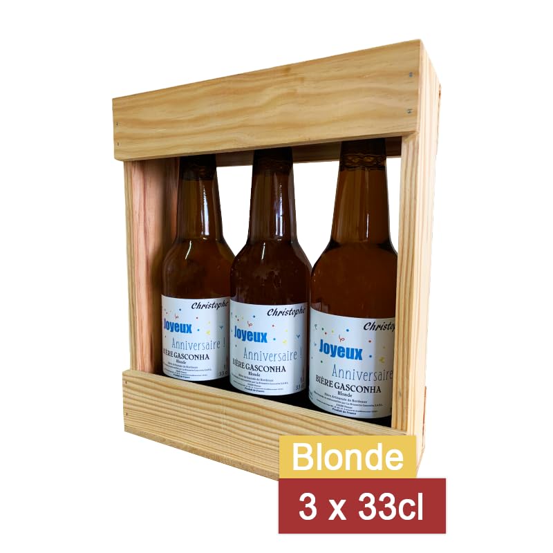 Coffret biere BRASSERIE GASCONHA + Caisse bois - Coffret degustation biere avec etiquette bouteille personnalisable pour prénom, logo, message… [ Coffret de biere a offrir ] (Blonde, 3x33 CL)