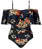 COCOSHIP Black & Orange Tangerine Fruit Retro One Piece Flounce Layered Off Shoulder Swimsuit Ruffled Pin Up Swimwear Maillot 12
