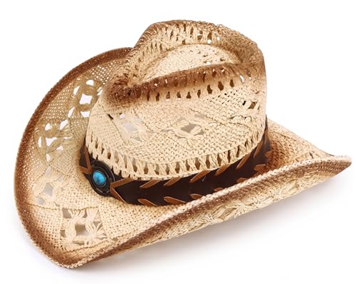 Image of TOVOSO Straw Cowboy Hat for Women and Men with Shape-It Brim, Western Cowboy Hat, Orange /Beads - Tea Stain