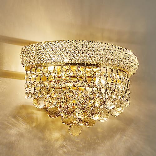 Image of 2-Lights Empire Crystal Wall Sconce Light for Living Room Dining Room Bathroom Vanity Mirrors Hallway Bedroom Closet Stairway (Gold)