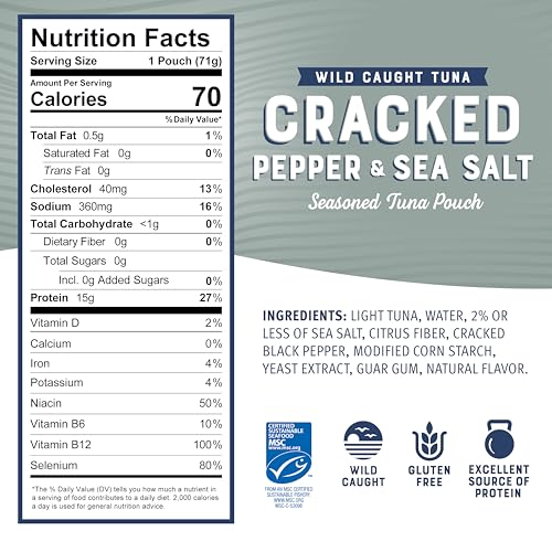 Image of Bumble Bee Cracked Pepper & Sea Salt Seasoned Tuna Pouch - Wild Caught and Ready to Eat for Snack, Salad, Korean Tuna Bowl - 15g Protein per Serving - 2.5 oz Packet (Pack of 12)