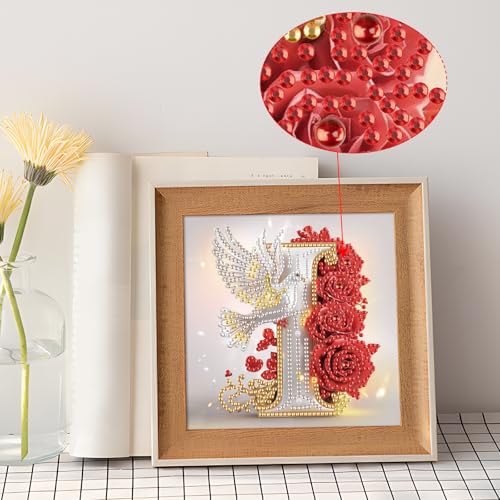 Image of AiYuanzsh 5D Diamond Art Kits for Adults Letter I, Intricate Red Rose & Dove Alphabet Diamond Painting Kit, Special Shape Diamond Art for DIY Crystal Rhinestones Crafts and Elegant Home Decor 17x17cm