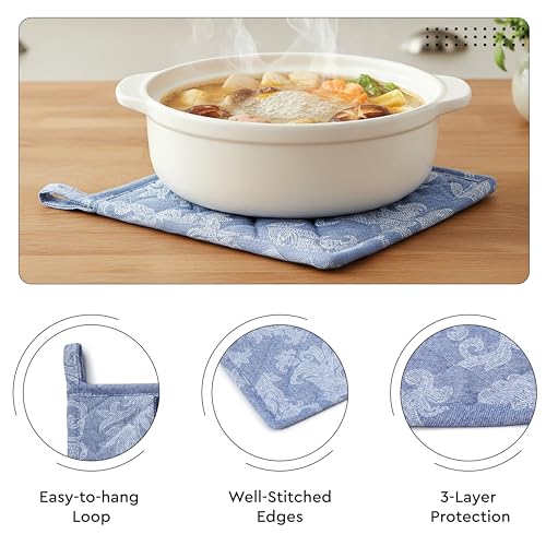 Image of Encasa XO 100% Cotton Apron Set for Women & Men with Adjustable Apron, Oven Gloves & Pot Holder (Pack of 3) Combo, Heat-Resistant, Soft & Durable for Cooking, Baking & Grilling (Floral Blue)