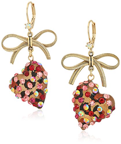 Betsey Johnson Roses Gold and Pink Bow and Heart Drop Earrings