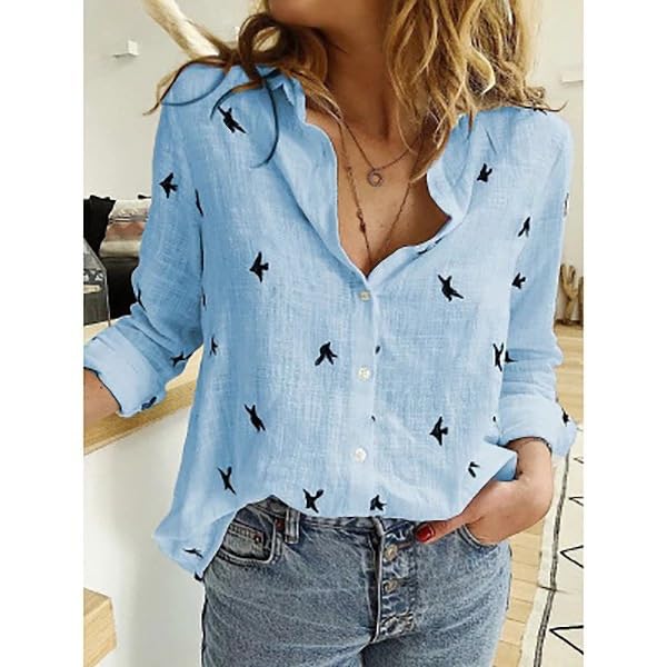 Womens Boho Floral Cotton Linen Shirt V Neck Button Down Roll Up Long Sleeve Lapel Blouse Tops 20252