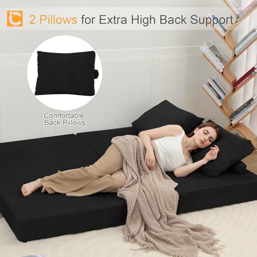 Image of COMAX Futon Sofa Bed, Convertible Folding Sofa Bed, Boneless Couch Loveseat Corduroy with Pillows, Small Foldable Floor Couch Comfy Lounge Sleeper for Living Room Bedroom, Black