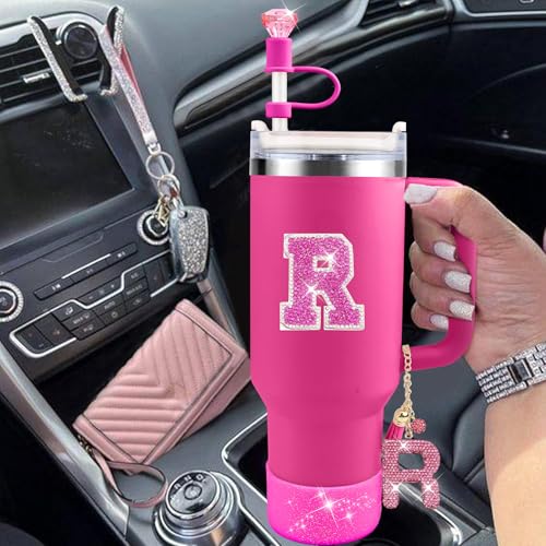 Hpebl 6PCS Hot Pink for Stanley Cup Accessories Set 30/40 OZ Bling Rhinestone Initials Charms for Stanley Decorations Tumbler Accessories Including Diamond Straw Topper, Spill Stopper（Letter T） - image 6