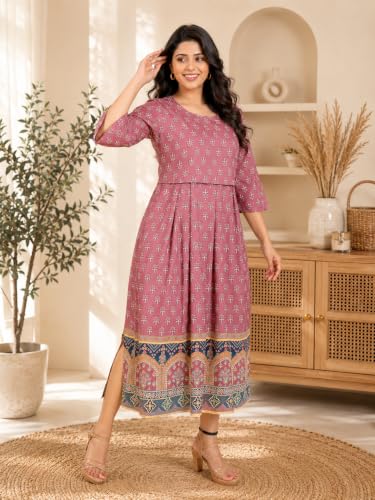 Image of RITIJYA Zipless Feeding Kurta Dress for Women | Maternity Nursing Kurti, No-Zip Easy Access | Extra Pleats Pre to Post Pregnancy | Quick-Dry Fabric | S-4XL