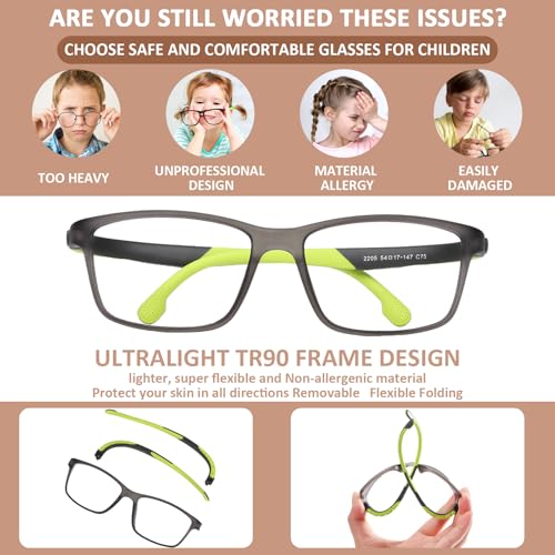 Image of BiBiBear Blue Light Blocking Glasses Bendable Lens Legs for Kids Girls Boys Not Easy to Drop Reduces Eyestrain Self-exchangeable Lenses Green