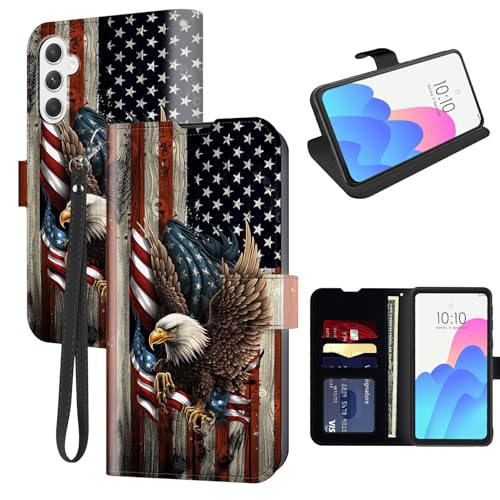 FUYOCWE for Galaxy S24 Plus Case Wallet for Samsung Galaxy S24 Plus 5G Phone Case with Card Holder,PU Leather Flip Cover w/Kickstand+RFID Blocking+Magnetic Snap-Bald Eagle with Flag