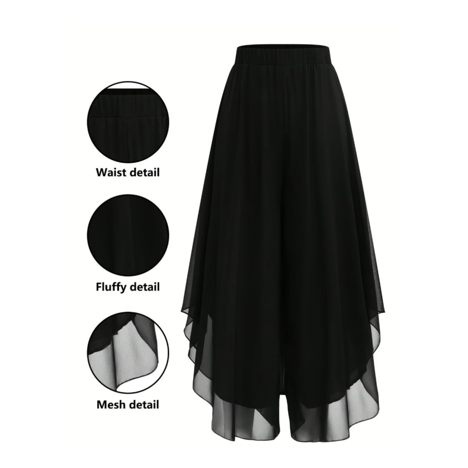 Générique Pantalon asymétrique en Mousseline pour Femme, Jambes Larges, Taille élastiquée Double épaisseur et empiècement Transparent à Jambes Droites.
