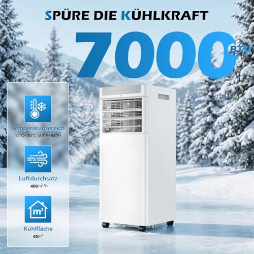 Oyajia Mobile Klimaanlage, 3- In- 1 Mobil Klimaanlage Mit Abluftschlauch Und Timer, Mobiles Klimagerät Für Zuhause, Wohnung, Leise Portable Air Conditioner 2050W 7000BTU R290-2