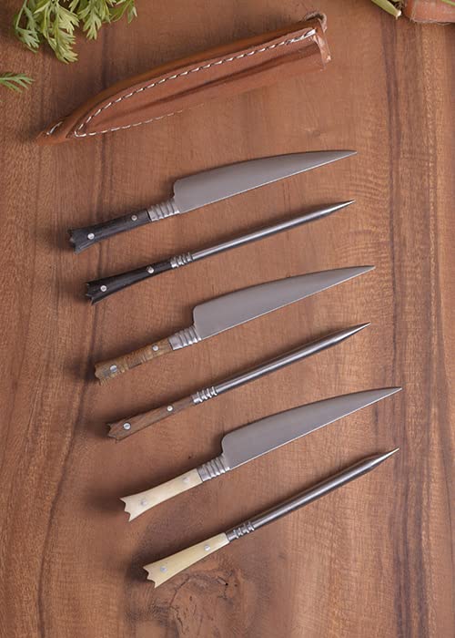 Cubertería medieval de acero inoxidable, incluye funda de piel, aprox. 14 cm, asas de cuerno