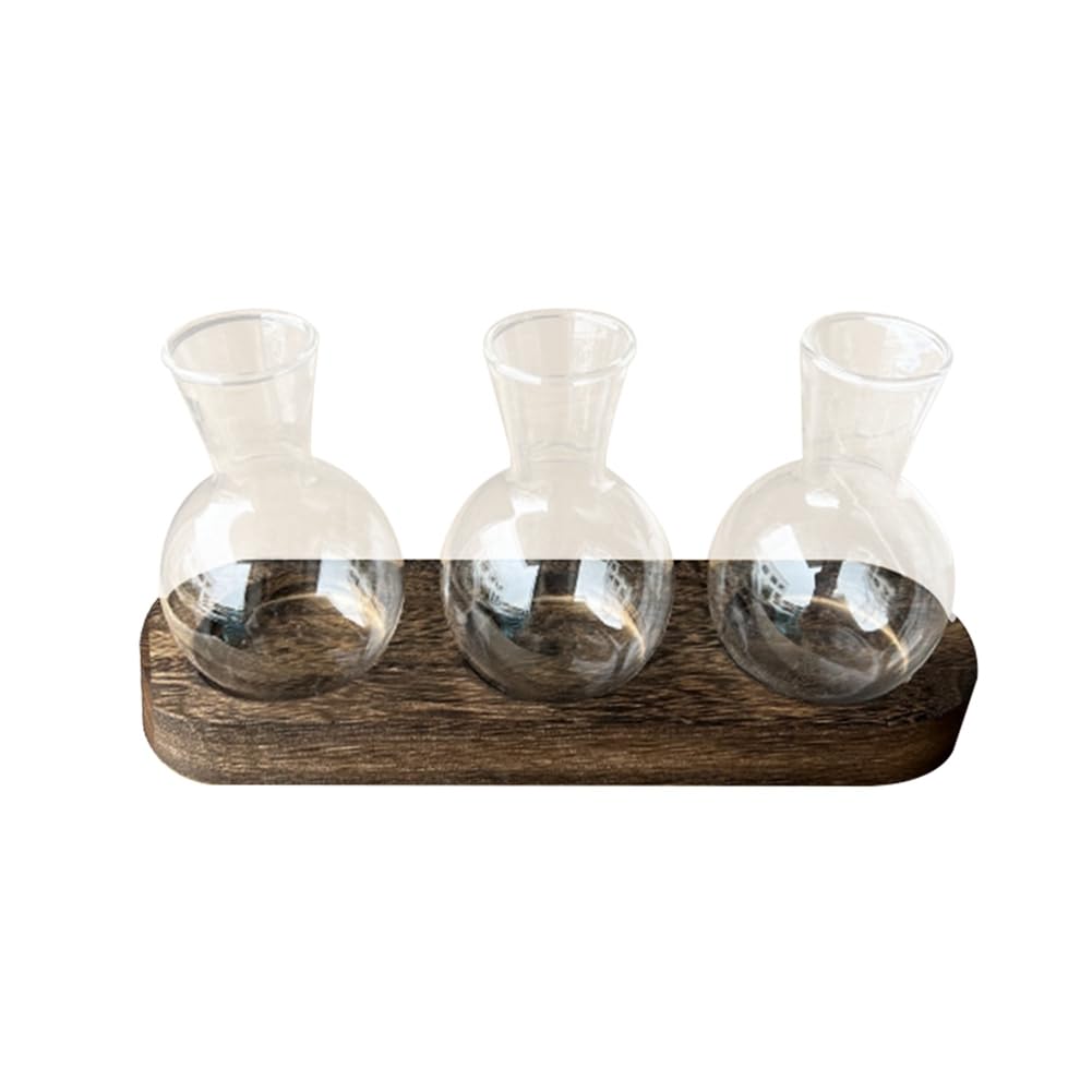 CTRLZS Hydroponic Plant Vases Vintage Propagation Station Glass Transparent Flower Pot with Wooden Stand Home Decoration