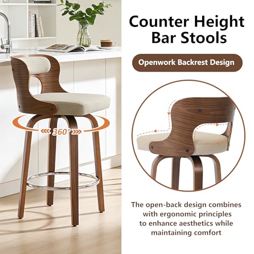Image of Swivel Bar Stools Set of 2, 26 inch Counter Height Bar Stools, Mid-Century Modern Linen Fabric Modern Island Chairs with Back and Footrest, for Kitchen, Bar, Restaurant, Cafe, Camel