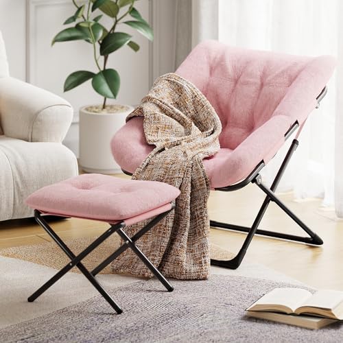 Comfy Chair, Oversized Faux Fur Foldable Lounge Chair for Adults, X-Large Saucer Chair with Sturdy Metal Frame, Plush Accent Chair for Bedroom, Living Room, Dorm - Pink