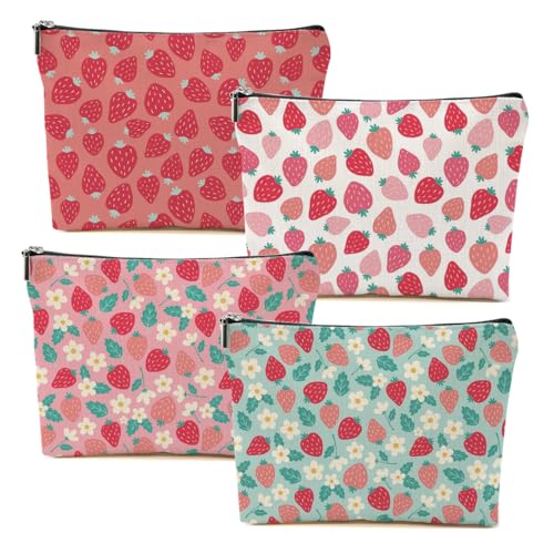 DHKG 4 Packs Cute Flowers Strawberry Makeup Bag Floral Cosmetic Bag