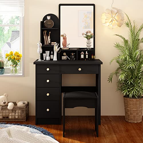 ECACAD Vanity Desk Set with Large Mirror, Makeup Vanity Dressing Table with 5 Drawers, Storage Shelves and Cushioned Stool for Bedroom, Black