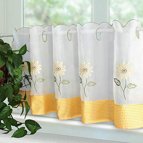 ZHH Sunflower Embroidery Net Curtain Kitchen Window Valance Yellow White Semi-Shading Voile Curtain, 18 Inch Drop x 57 Inch Cafe Valance Decor for Balcony, Bedroom, Living Room (45 x 145 cm)