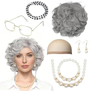 GEVECORI Set 7 Pièces Déguisement Vieille Dame pour 100ème Jour d'École & Carnaval | Kit Accessoires Grand-mère avec Perruque Grise, Bonnet, Lunettes avec Chaîne, Collier de Perles