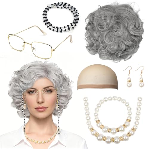 GEVECORI 7er Oma Kostüm Set für Karneval & 100. Schultag | Alte Frau Kostüm Zubehör mit Oma Perücke Grau, Oma Brille mit Kette, Perückenkappe, Perlenkette, Armband & Ohrringe | Kostüm Damen Fasching