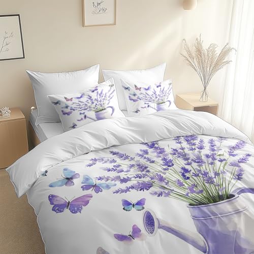 Beige 3D Duvet Cover Toddler Lavender Butterfly 3D Printed Bedding Set 3 Pcs Soft Microfiber Comforter Cover with 2 Pillowcase 40