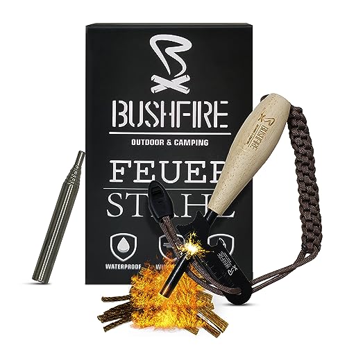 Juego de acero para fuego con mango de madera hecho a mano, 8 mm, con silbato de emergencia de paracord de Tinder, kit XL