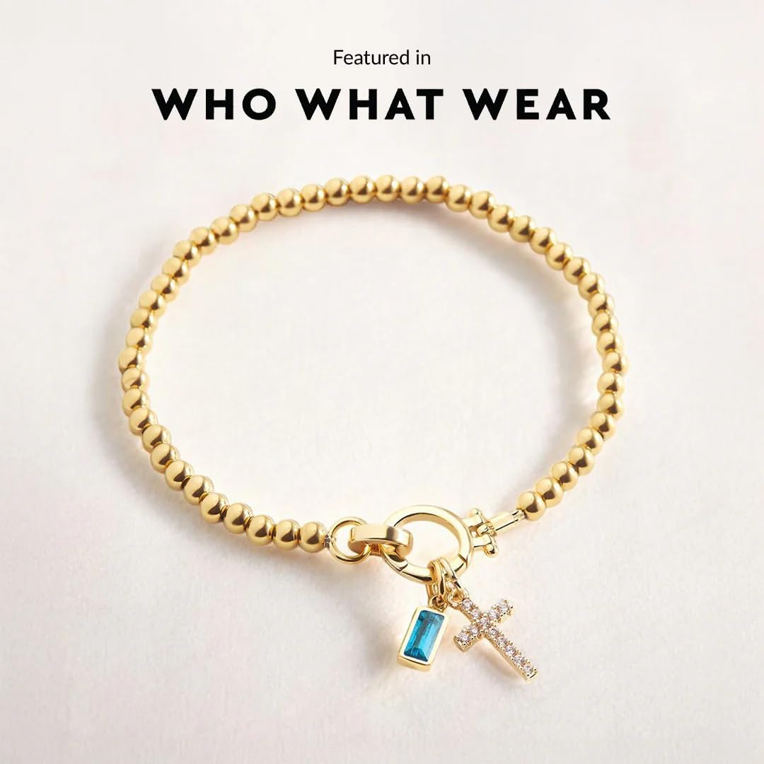Mint & Lily Birthstone Cross Charm Bracelet - 18K Gold Plated Over Brass Gold Bracelet for Women with Gemstone