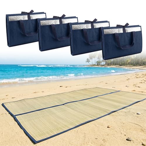 UCandy 4 Packs Natural Straw Beach Mat 31.5 x 70 Waterproof Foldable Lightweight Picnic Mat with Trim for Camping Sunbathing Floor Yoga Outdoor Activities