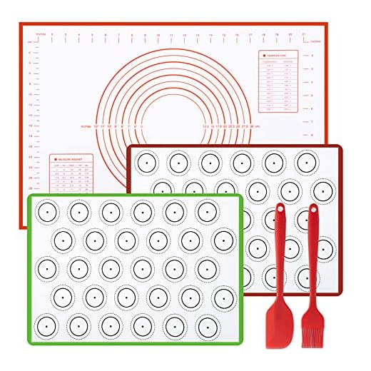 Silicone Baking Mats 3 Pack, Non-stick Macaron Baking Mat with 1 Scraper, 1 Oil brush, Heat-Resistant Reusable Baking Sheets Non-slip Bakeware Mats for Making Cookies, Pastry, Pizza, Bread, Macarons