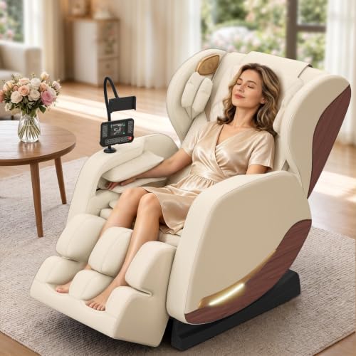 yewglen Massage Chair Zero Gravity Massage Chair Full Body with 14 Fixed Rollers Back Waist & Foot Massage 8 Airbags Heating Wood Grain Leather Bluetooth and Control Screen