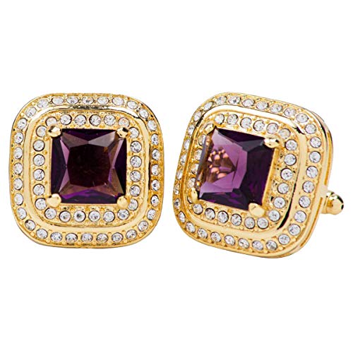 Vittorio Vico Square Colored Crystal Double Diamond Set Cufflinks for Men - Unique Mens Jewelry - Best Gift for Him, Dad, Uncle, Bestfriend, Groom (Gold Metal, Purple Crystal)