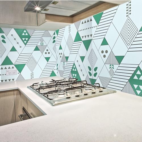 Image of SARVATRAY Self-Adhesive Wallpaper, Kitchen Oil Proof Heat Resistant Stickers, Wall Vinyl Sheet 2 X 6.5 SQ FT (2 M Triangle White - Green WS)