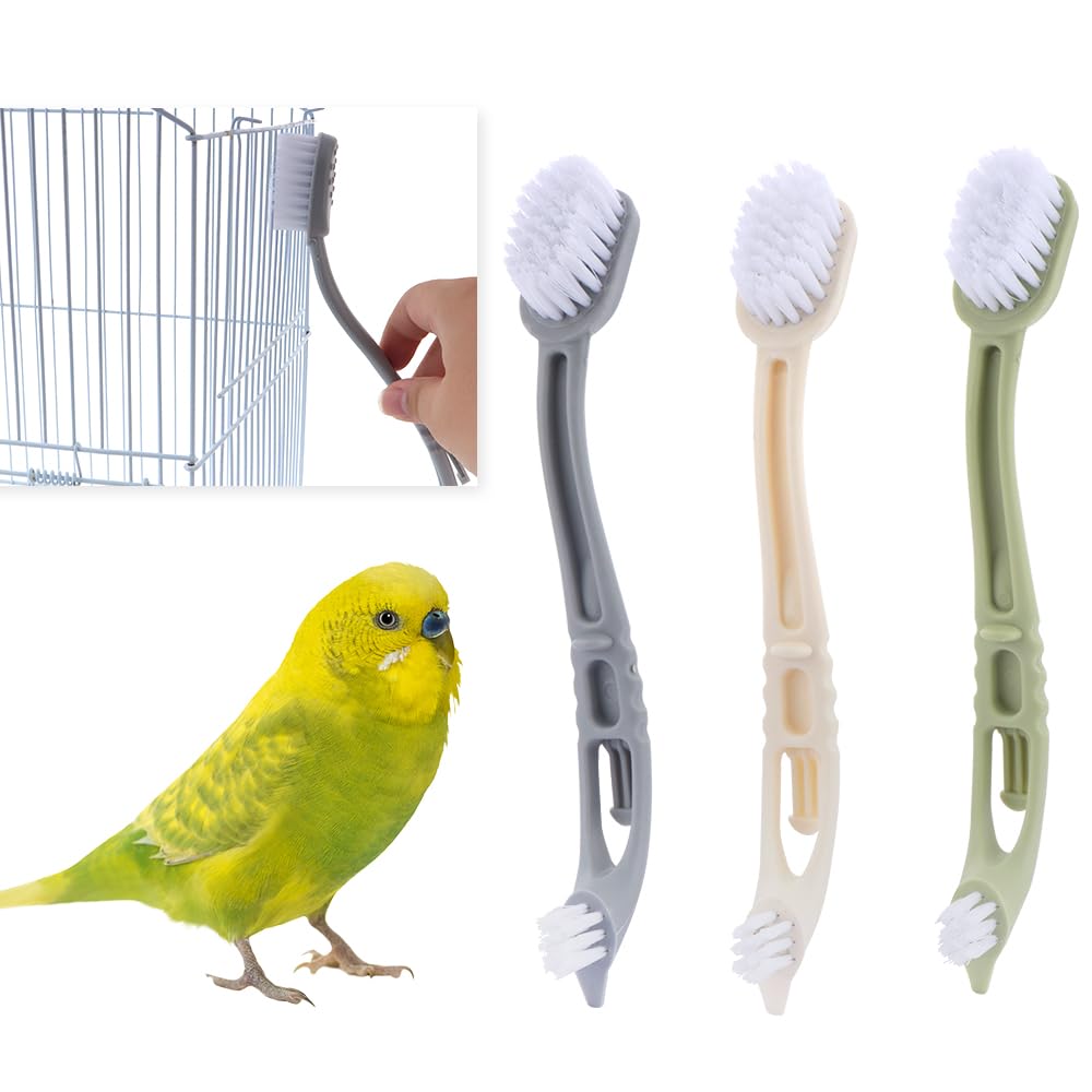 DQITJ 3 Pack Bird Cage Cleaner with Two Brush Heads Long Handle Tool for Bird Parrot Cages Bird Perches Nests, BCBQ534
