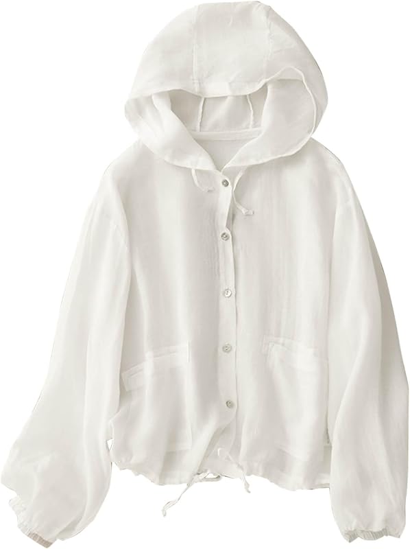Women's Lightweight Hooded Jacket Button Down Long Sleeve Casual Outerwear