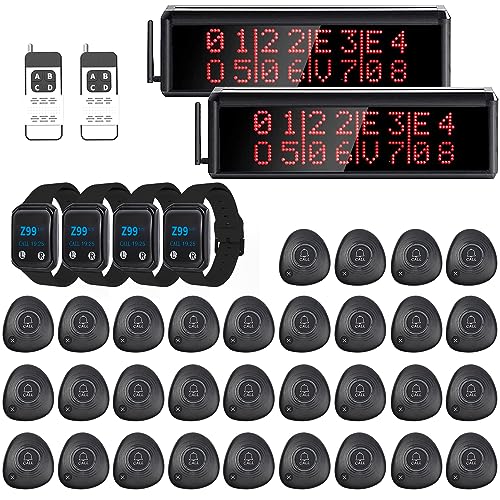 WNKRUN Restaurant Pager System Long Range Wireless Calling System with 2 Display Screens/30 Waterproof Call Buttons/2 Remote Controls/4 Watch Pagers