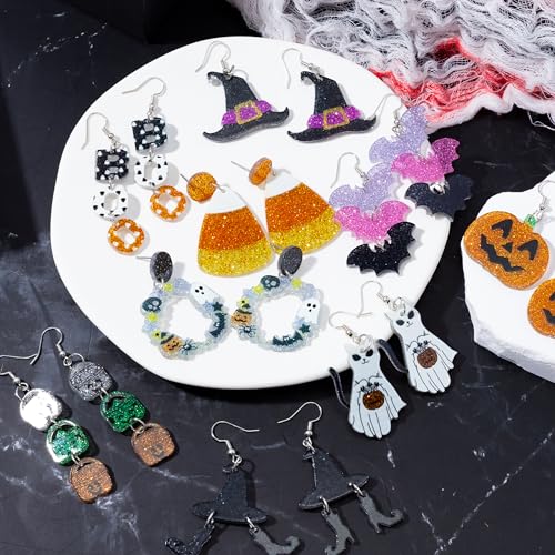 Y1tvei Halloween Glitter Acrylic Earrings - 9 Pairs Pumpkin Wreath Witch Hat Black Boots Bat White Ghosts Charm Earring Sparkly Drop Dangle Stud Ear Decor Jewelry Accessory Supplies for Women Party2