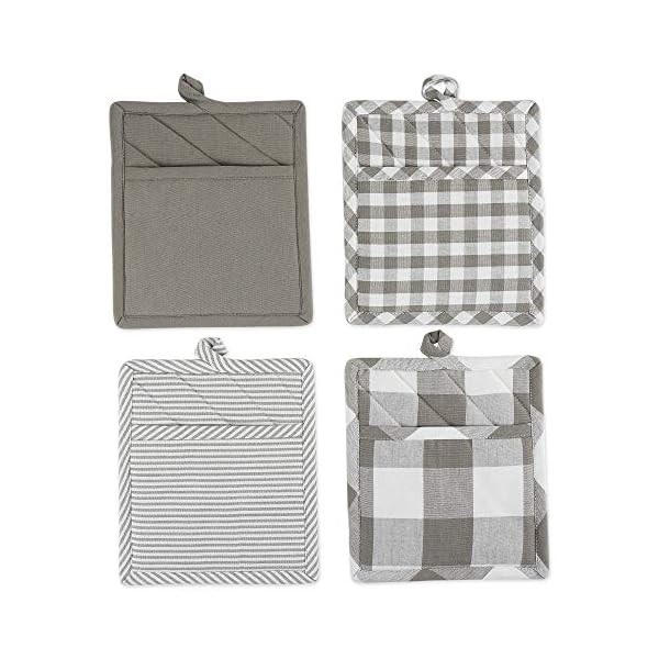 DII Gingham Check Kitchen Collection, Gray, Potholder Set