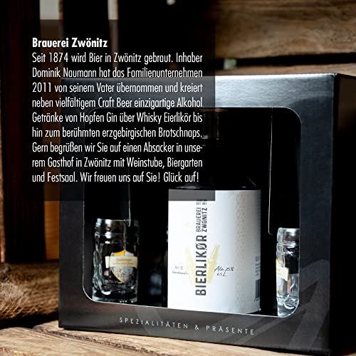 Brauerei Zwönitz Likör Geschenkset/Geschenkset aus Bierlikör 0,5l und zwei Shotgläser 4cl in Form eines Mini Bierkrug… – Bild 5