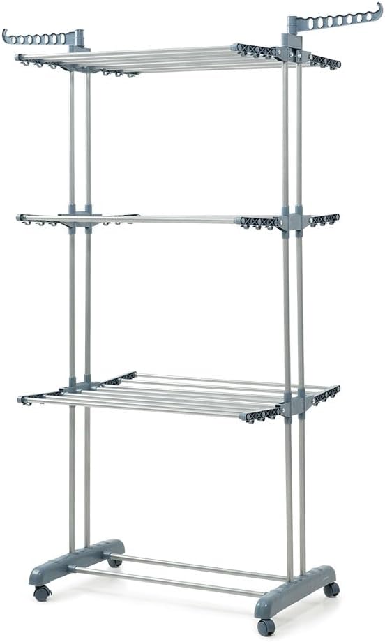 InnovaGoods Vertical Folding Clothesline without clothes, showing its multi-level structure and wheels.
