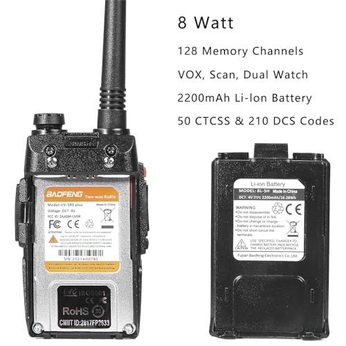 Image of Baofeng UV-5RE Plus 8W Dual Band 2 Way Radio Long Range Handheld Ham Radios | Rechargeable Walkie Talkies for Adults, Amateur, Portable, for Hiking Camping Skiing Trip Survival Hunting Gear Black 6 Pack