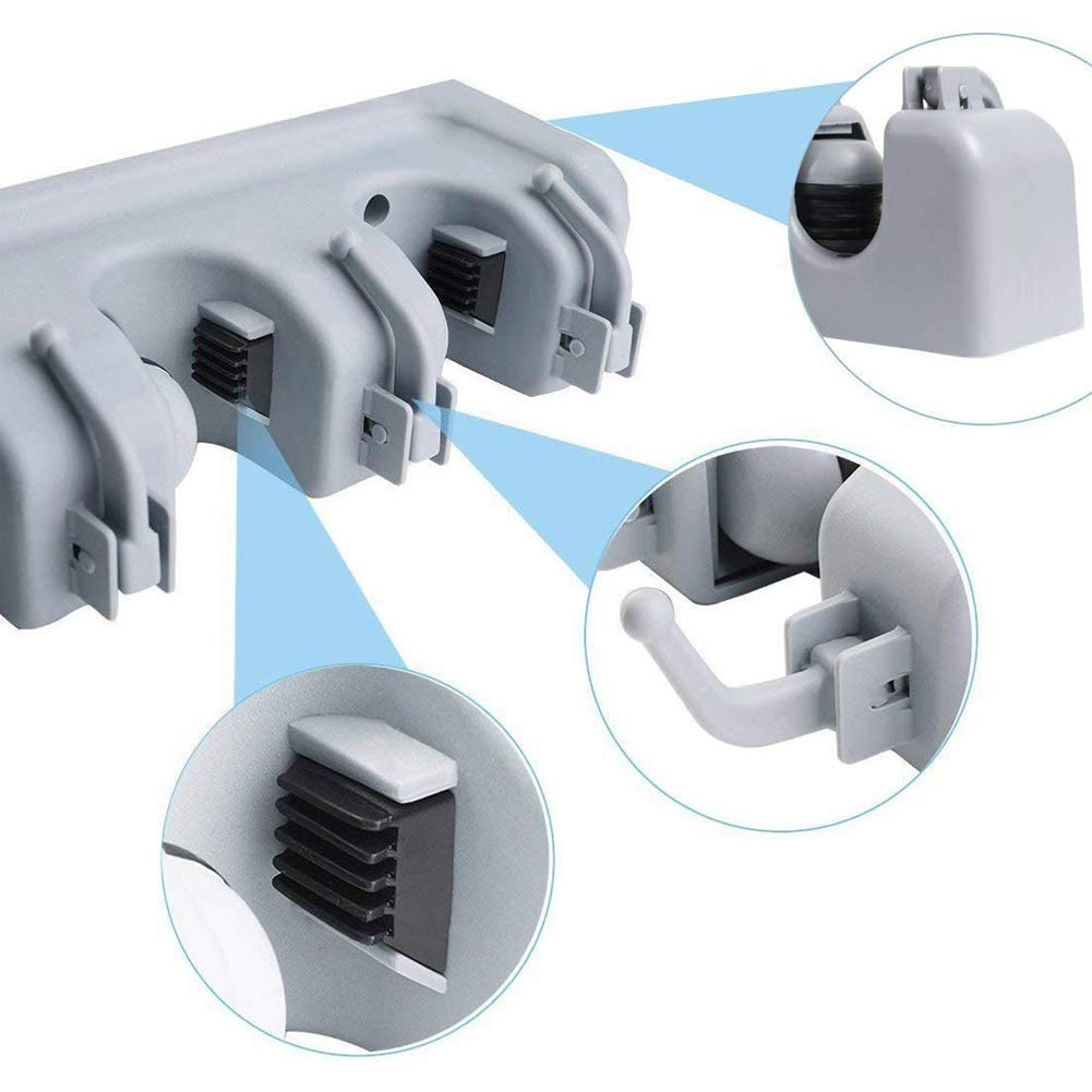 BAKAJI Portascope e Spazzole da Muro a 5 Posti, Rastrelliera Porta Scopa, Spazzolone e Utensili a Parete Salvaspazio in Plastica Grigio, Fissaggio con Viti, 6 Ganci Portatutto Versatile Multiuso