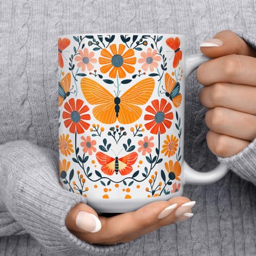 Taza de cerámica floral con mariposas 15oz miniatura 2